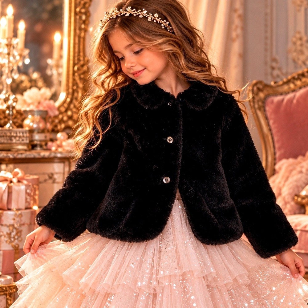 Edgehill Collection Kids Faux Fur Coat Black Peter Pan Collar Jacket Size 6/6X